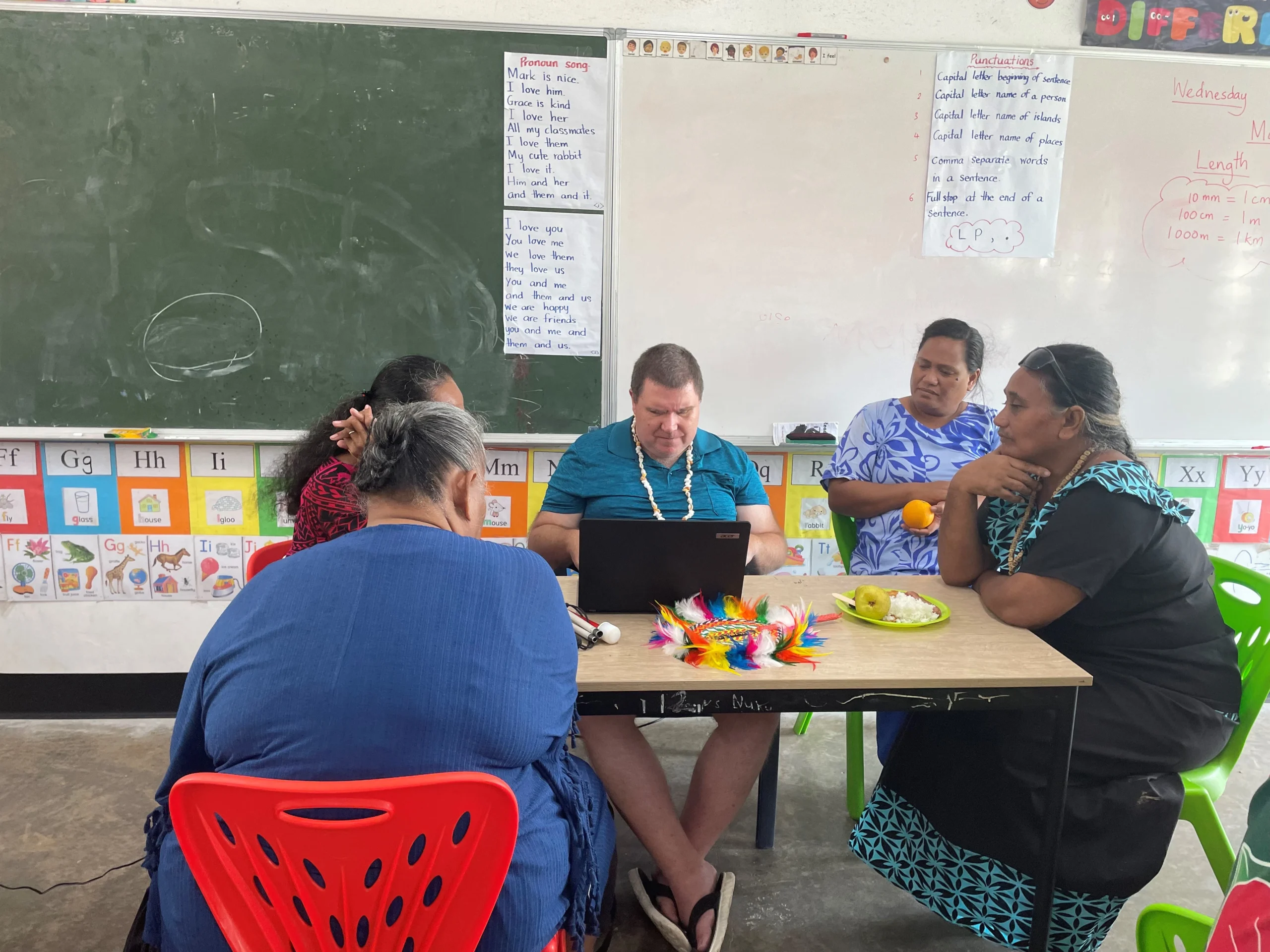 Ben Clare sits at a table with four teachers in a classroom. He is focused on his laptop, while the teachers, who are seated around the table, are attentively listening or observing. A blackboard with chalk marks is visible in the background.